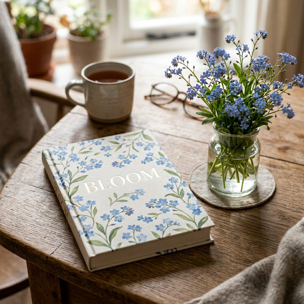 Book cover titled Bloom with forget-me-nots beside vase