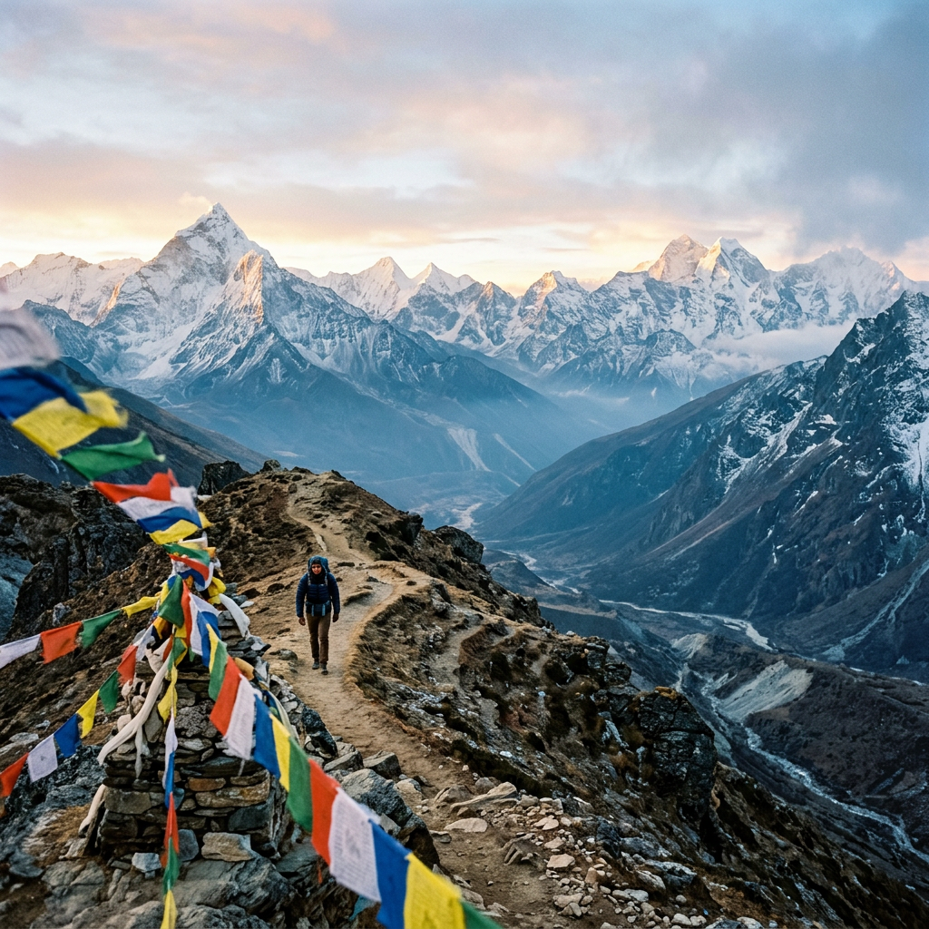 Himalayan mountain landscape at dawn with prayer flags